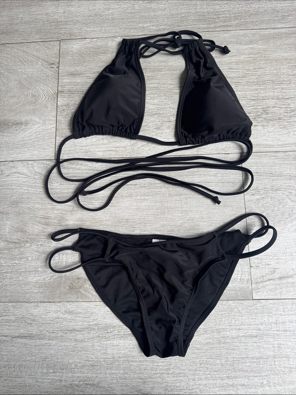 Boohoo Malta Criss Cross Black Tie-Strap Triangle Bikini Set size US 6